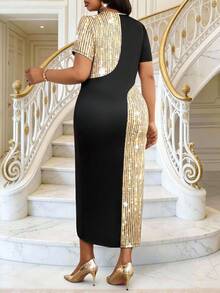 Fleurora 亮片拼接修身优雅圆领短袖连衣裙 - 彩色 - 查看 2