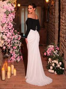 Glamrae Elegant Black And White Contrast Color Formal Evening Gown, Elastic Fabric Chiffon Ruffle Fishtail Hem Long Sleeve Wedding Guest Party Dress - Black and White - View 4