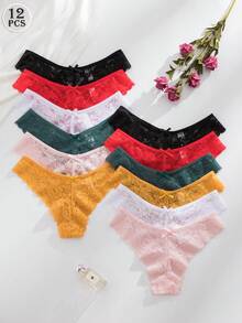 Set Of 12 Pieces Elegant And Comfortable Lace Panties For Women - 酒紅色 - 查看 10