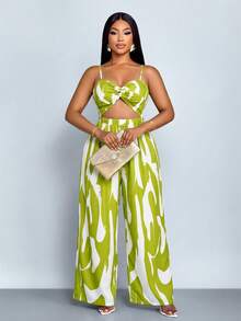 SOLERSUN Women's Plus Size Elegant Casual Sleeveless Black And White Printed Twisted Wide Leg Jumpsuit With Spaghetti Strap, Versatile Twisted Jumpsuit For Spring, Summer, Fall And Winter Wear - Green - View 1