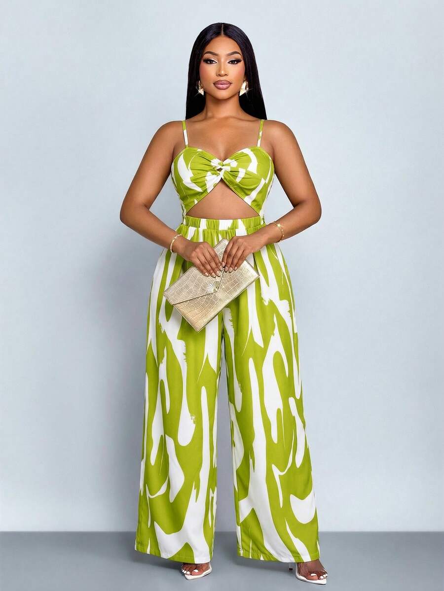 SOLERSUN Women's Plus Size Elegant Casual Sleeveless Black And White Printed Twisted Wide Leg Jumpsuit With Spaghetti Strap, Versatile Twisted Jumpsuit For Spring, Summer, Fall And Winter Wear - Green - View 1