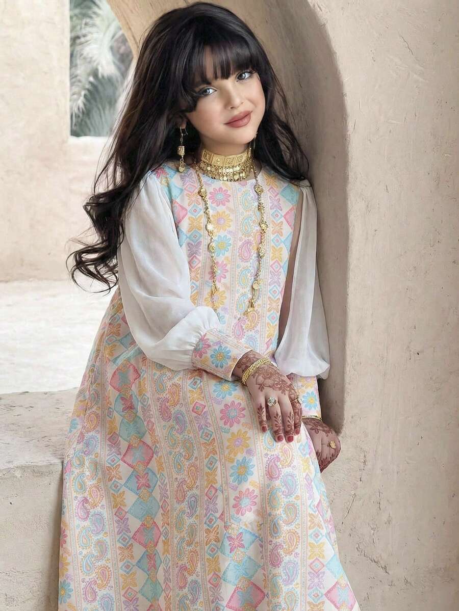 SHEIN 青少年女孩杏色 A 字版圓領長袖拼色喇叭裙 Abaya 女孩馬卡龍色洋裝 - 杏色 - 查看 1