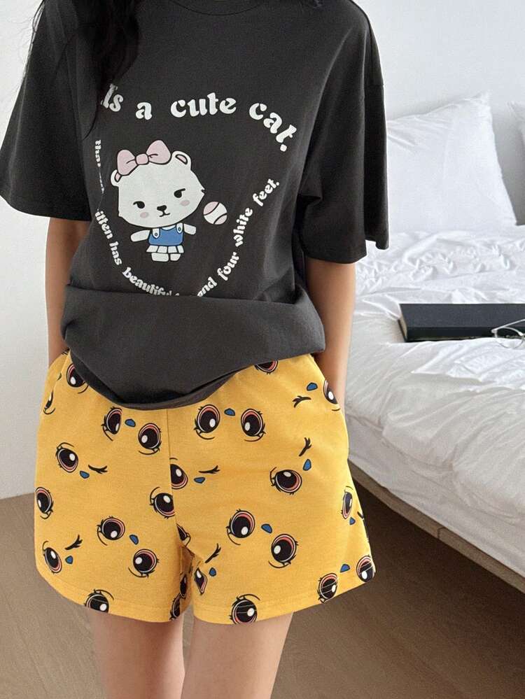 Casual Loose Lazy Summer Lightweight Cartoon Cat Print Short Sleeve T-Shirt And Shorts 2-Piece Pajama Set For Women