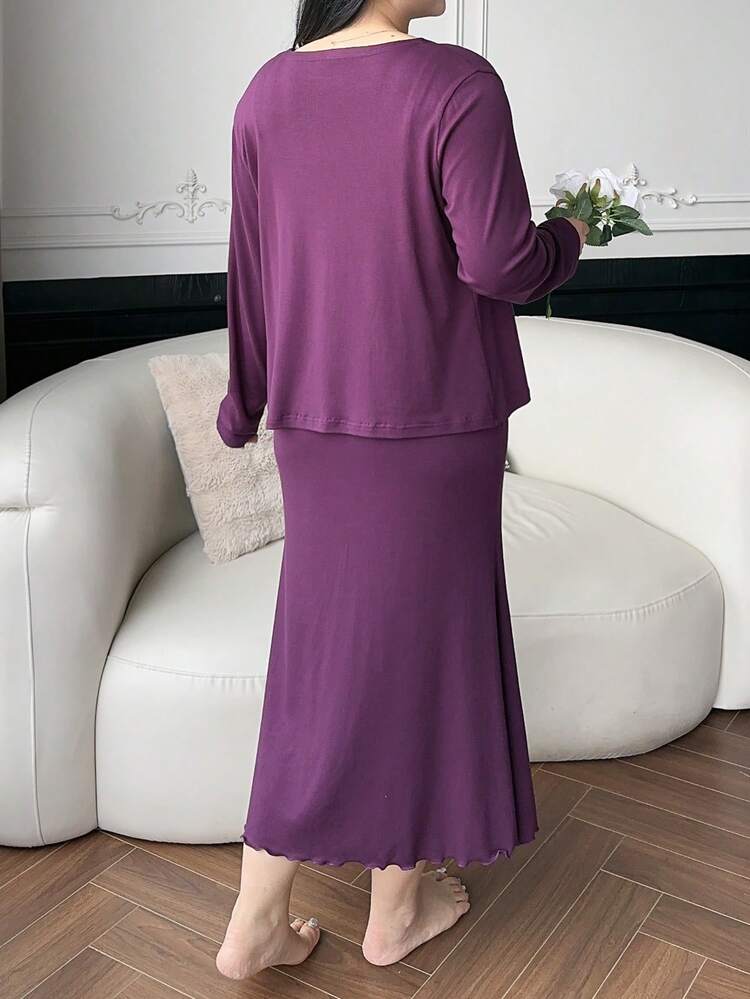 Dazy Plus Plus Size Solid Color Button Front Long Sleeve Jacket & Spaghetti Strap Nightgown Elegant Sleepwear Set