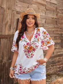 Ceyna Blouse à col V à manches courtes, style bohème, imprimé multicolore en faux lin, pour femmes, printemps/été - Multicolore - Voir 4
