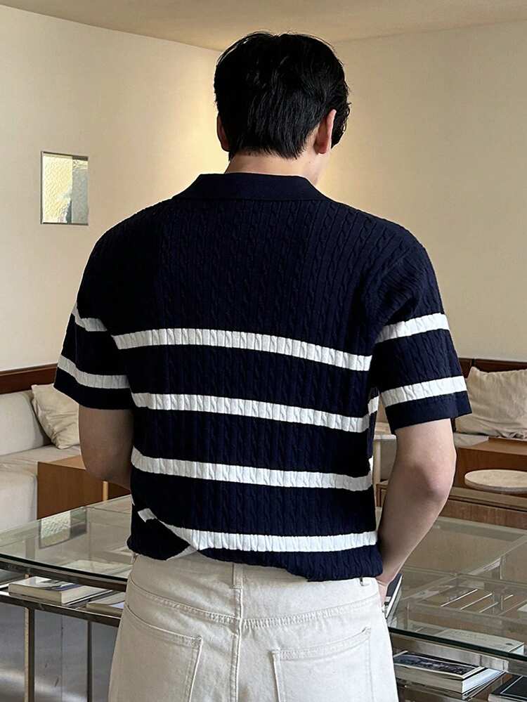 Men's Polo Collar Half-Zip Black & White Striped Knit Sweater, Spring/Summer