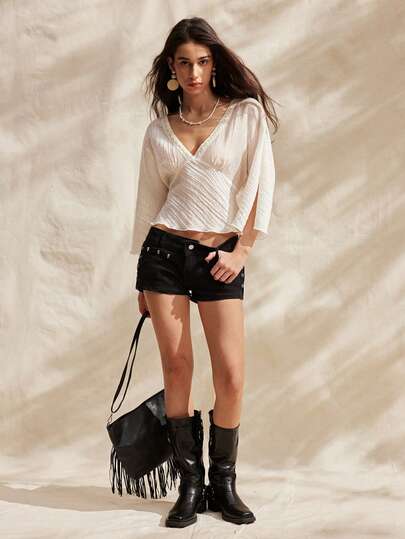 Easelle Summer Vacation Clothing Is Elegant And Romantic Bohemian V-Neck Cinched Waist Embroidered Split Sleeve Comfortable Breathable Women Blouse