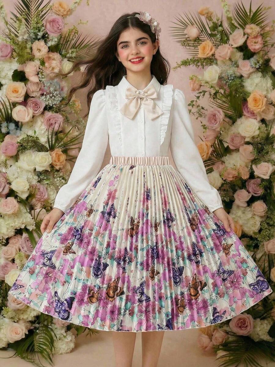 Tween Girls Ruffle Collar Bow Tie Shirt & Pleated Skirt 2pcs Set - Multicolor - View 1