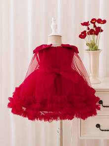 Glamorique Kids 女童可爱网纱蓬蓬裙，带蝴蝶结和珍珠装饰，生日派对节日舞蹈公主裙 - 酒紅色 - 查看 3