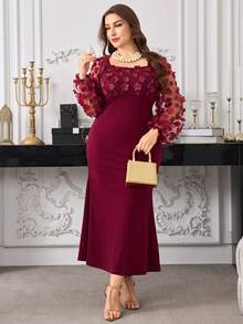 Modelyn Đầm dài tay cổ tròn dáng đuôi cá ôm sát người, chất liệu dệt kim phối họa tiết hoa 3D, cỡ lớn, thanh lịch, thích hợp cho mùa xuân/thu. - Màu Đỏ Sâu - Xem 3
