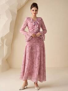 Modelyn Elegant & Romantic Floral Print Long Dress For Outdoor Wear - Pink - View 6