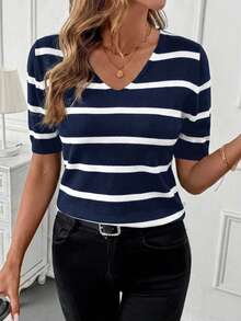 SHEIN Clasi Striped Print V-Neck Casual Versatile Short Sleeve Pullover Sweater - Blue and White - View 6