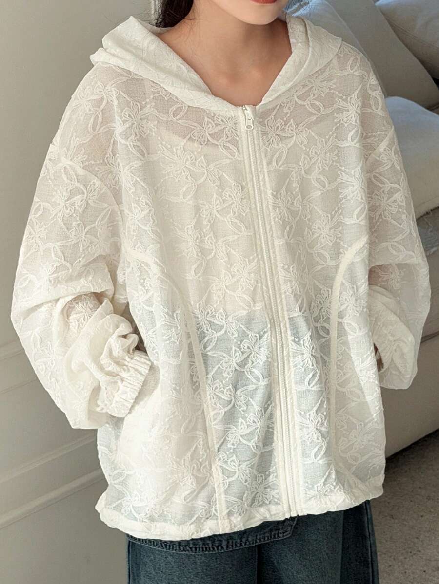 DAZY 少女款落肩长袖拉链宽松蕾丝连帽外套 - 杏色 - 查看 1