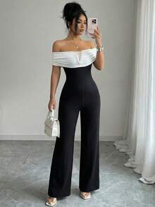 Rafferiza Women's Elegant And Sexy Black-And-White Contrast Off-The-Shoulder Slim-Fit Jumpsuit With A Fitted Waist,Suitable For Daily Wear/Business Attire/Commute Outfit/Relaxing Vacation/Dinner/Valentine's Day - Black - View 9