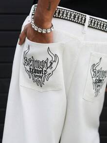 Manfinity ZONE917 Men's Casual Fashion American Street Letter & Flame Embroidery White Loose Wide-Leg Jeans, Belt Not Included - White - View 4