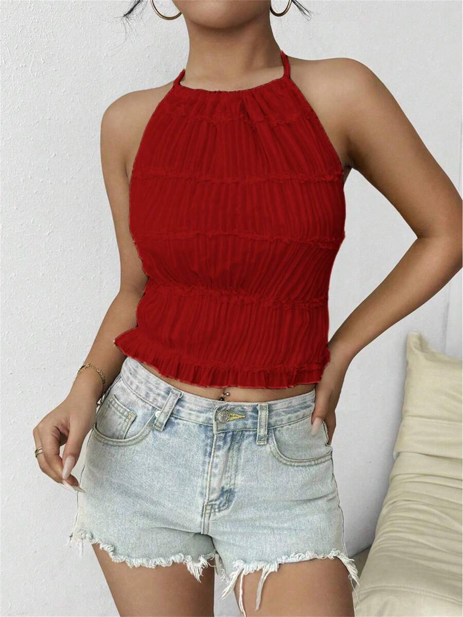 Almamuse Women's Burgundy Red Halter Neck Tank Top, Sleeveless Slim Fit Ruffle Hem Knit Crop Top,Summer Chic Night Out Fashion Solid Color Cute Tops - Burgundy - View 1
