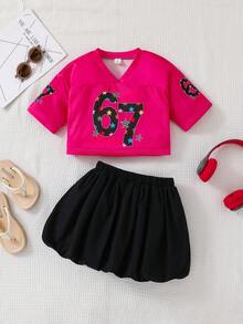 SHEIN 两件套少女休闲数字67蝴蝶结印花短袖圆领T恤和灯笼短裤套装，适合夏季穿着，印花T恤，黑色衬衫，休闲圆领印花短袖T恤，Y2K风格，上衣，黑色上衣，Y2K服装，舒适的秋冬款式，秋季新款，冬日优雅，度假风情，澳洲冬季时尚，轻松舒适 - 玫紅色 - 查看 2