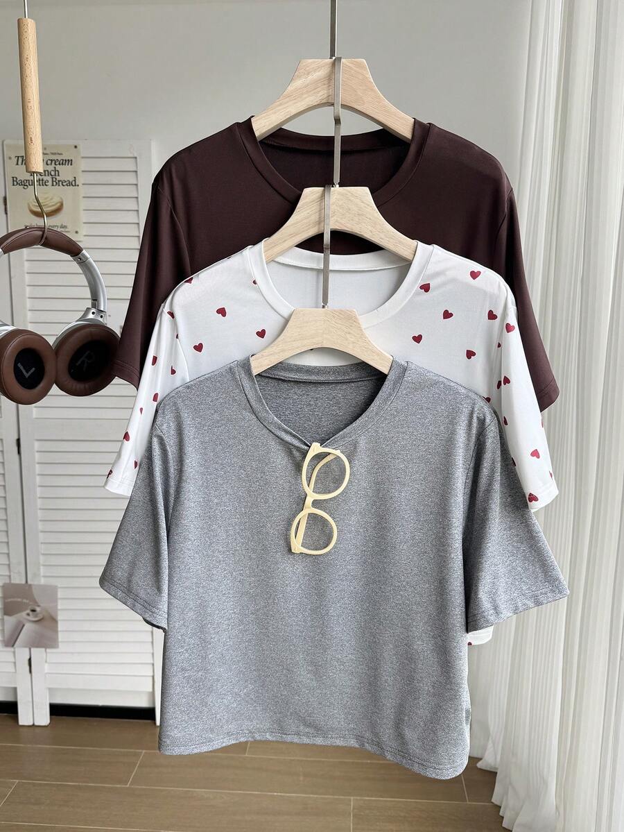 Comfortcana Kaos Wanita Ukuran Besar Motif Hati Warna Polos Leher Bulat Lengan Pendek - MultiWarna - View 1