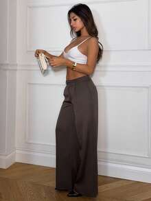 Ronhire 女士优质高腰优雅修身阔腿裤 - 摩卡棕 - 查看 4