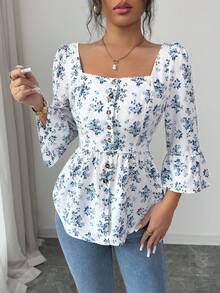 Pariaura 优雅女士蓝白瓷纹复古腰带方领泡泡袖纽扣前襟梭织衬衫 - 藍色 - 查看 5