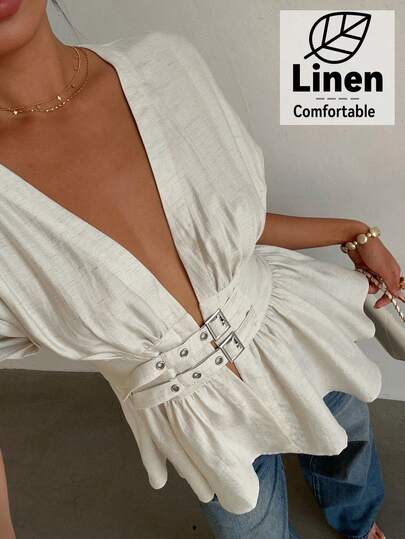 Aloruh Khaki V-Neck Short Sleeve Shirt, Elegant Business Casual Solid Top