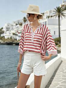 EMERY ROSE Women's Casual Striped Notched Neck Loose Blouse For Summer/Vacation - Multicolor - View 3