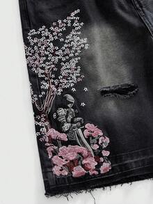 ROMWE MEN Street Life Men's Floral Embroidery Pattern Denim Shorts - Black - View 2