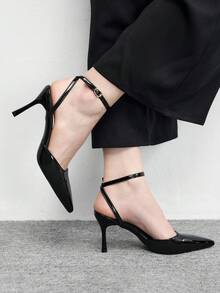 CUCCOO BIZCHIC Giày nữ, giày cao gót mũi nhọn, gót mảnh, màu đen, quai ngang mắt cá chân, giày cao gót hở gót, giày đi làm hàng ngày, giày nữ đa năng. - màu đen - Xem 3