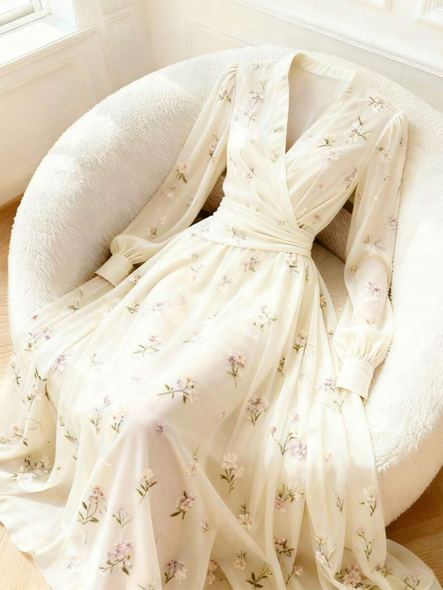 GlowEve 女士碎花V领A字连衣裙，优雅日常度假乡村复古通勤时尚情人节约会街头百搭派对杏色底碎花早春/春夏长袖新款中长连衣裙 - 彩色 - 查看 1