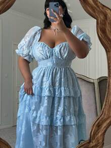 Lyrianda Vestidos formales de mujer con mangas abullonadas, cintura ceñida y decoración de lazo en estilo jacquard texturizado de chifón francés elegante, para primavera, verano y vacaciones - Azul - Ver 2