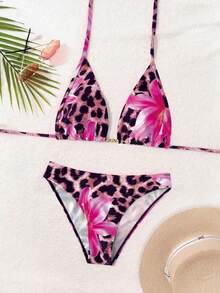 SHEIN Swim 2026 女士夏季沙滩豹纹花卉印花露背系带性感比基尼泳装套装 动物纹比基尼 动物纹泳衣 动物纹泳装 猎豹纹泳衣 女士两件式比基尼 - 彩色 - 查看 7