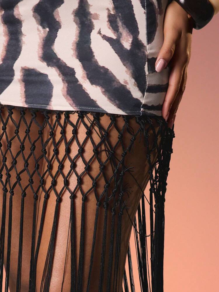 MISSGUIDED 얼룩말 프린트 스트랩리스 미디 드레스, 블랙 프린지 헴 디테일 파티 이브닝 행사용