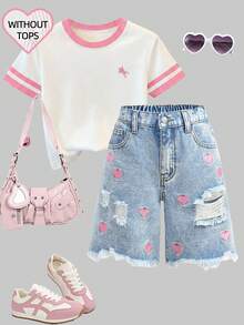 Girlism Quần short denim rách màu xanh nhạt dáng rộng cạp cao cho bé gái tuổi teen, thích hợp mặc mùa xuân hè, kiểu dáng thường ngày, thêu hình trái tim màu hồng, dài đến mắt cá chân, phong cách boho, đi biển, dự tiệc, lễ hội, quần short dễ thương cho bé gái tuổi teen, thích hợp cho kỳ nghỉ hè, mùa xuân, đi biển, du lịch, ngày lễ tình nhân. - Rửa nhẹ - Xem 1