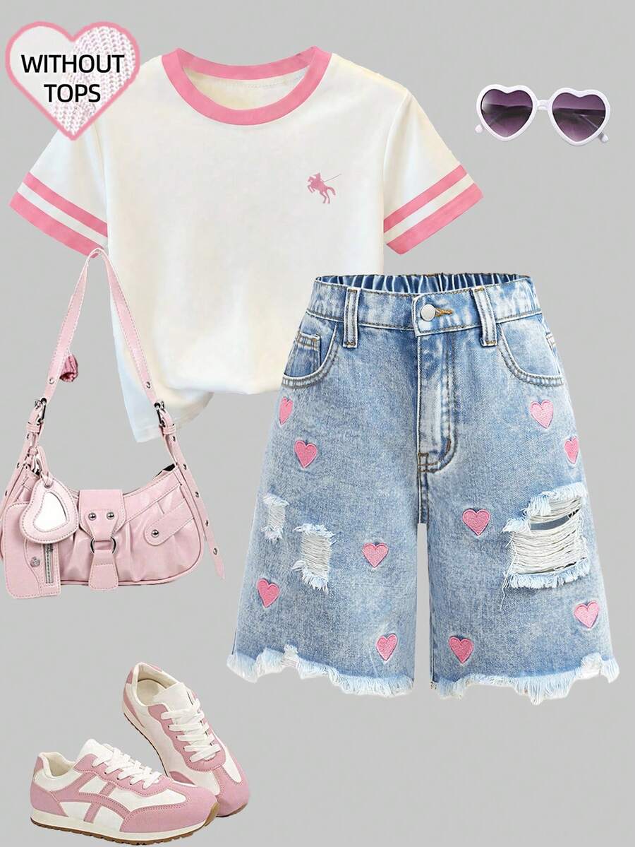 Girlism Quần short denim rách màu xanh nhạt dáng rộng cạp cao cho bé gái tuổi teen, thích hợp mặc mùa xuân hè, kiểu dáng thường ngày, thêu hình trái tim màu hồng, dài đến mắt cá chân, phong cách boho, đi biển, dự tiệc, lễ hội, quần short dễ thương cho bé gái tuổi teen, thích hợp cho kỳ nghỉ hè, mùa xuân, đi biển, du lịch, ngày lễ tình nhân. - Rửa nhẹ - Xem 1