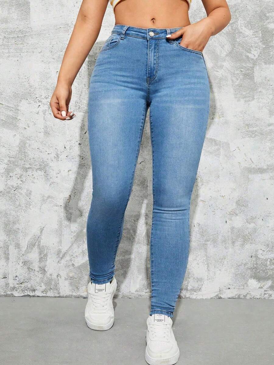SHEIN ICON Plus Size Women's Fashion Versatile Slim Fit Ankle Pants - Medium Wash - View 1