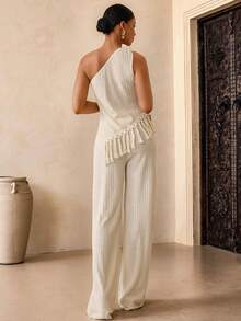 Vesra Women's Asymmetric One-Shoulder Sleeveless Tassel Top And Long Pants Knit 2 Pieces Set - Apricot - View 2