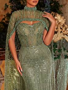 Glamrae Elegante y lujoso vestido de sirena con diseño de chaqueta desmontable con cuentas de perlas, apropiado para bodas, fiestas, vacaciones, galas y ocasiones formales (muy adornado) - Verde - Ver 7