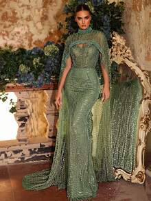 Glamrae Elegante y lujoso vestido de sirena con diseño de chaqueta desmontable con cuentas de perlas, apropiado para bodas, fiestas, vacaciones, galas y ocasiones formales (muy adornado) - Verde - Ver 8