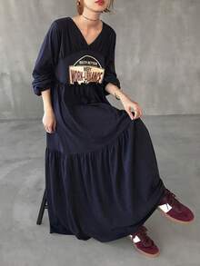FRIFUL Women's V-Neck Loose Ruffled Hem Casual Dress Maxi Dress Sundress - Navy Blue - View 8