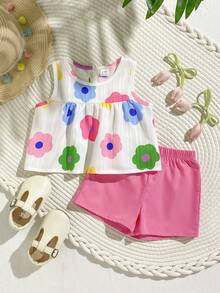 SHEIN Playful Pals 女婴白色纯色提花纹理面料圆领无袖露脐褶皱背心，饰以彩色波点印花，搭配粉色弹力腰舒适简约短裤，休闲度假装扮，春夏皆宜。 - 玫紅色 - 查看 5