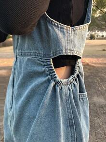 FRIFUL 女士休闲日常通勤时尚街头宽松阔腿牛仔连体裤 - 藍色 - 查看 7