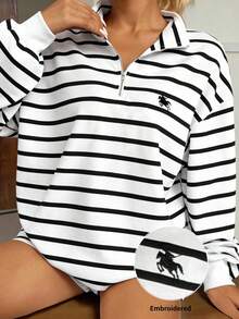 SHEIN EZwear Striped Knit Women's Loose Fit Casual Sweatshirt With Embroidered Knight Design - Black and White - View 1