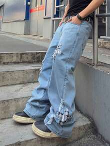 Men's Loose Fit Star Embroidered Denim Jeans - Blue - View 5