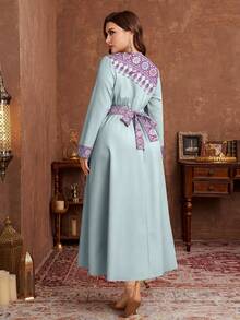 Al Najma Plus Size Women Arabic Style Elegant Floral Print Waist Cinched Dress, Suitable For Spring And Autumn - Cadet Blue - View 2