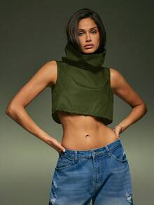 Denimoi Áo croptop nữ màu trơn cổ đứng, kiểu dáng thường ngày, đa năng, không tay, thích hợp mặc hàng ngày. - xanh quân đội - Xem 2