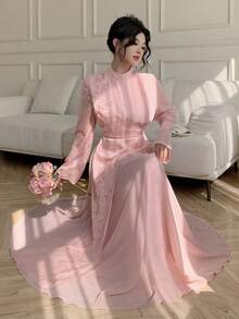 Modelyn Đầm hồng dài tay cổ đứng phối màu tương phản thanh lịch, thắt eo. - Hồng - Xem 6