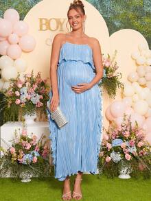 Loomaby Women's Light Blue Summer Elegant Baby Shower Maternity Dress,Plisse Ruffle Bandeau Gender Reveal Pregnancy Dresses For Photoshoot Wedding Guest - Blue - View 4