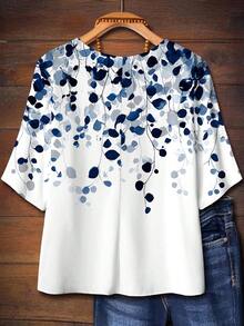 EMERY ROSE Plus Size Elegant Blue & White Leaf Print Casual Shirt, Suitable For Summer - Multicolor - View 8