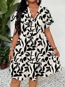 SHEIN LUNE 大码女式休闲V领短袖植物印花度假连衣裙 - 彩色 - 查看 4