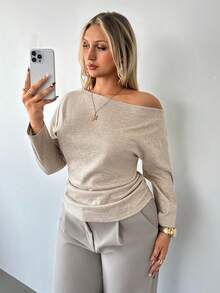 Auralis Plus Size Casual Pleated Oblique Shoulder Long Sleeve T-Shirt, Autumn Spring Women Spring T-Shirt For Women - Apricot - View 4